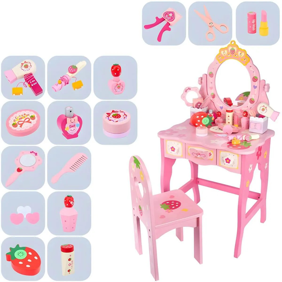 Wooden Kids Vanity Set with Mirror, Drawers & Chair – Pink & White メイン画像