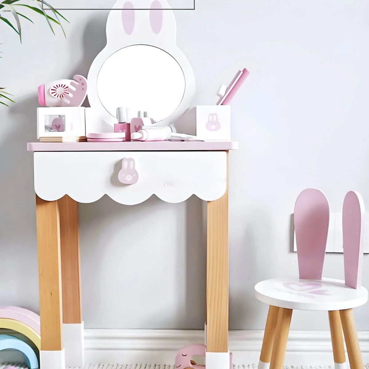 Wooden Kids Vanity Set with Mirror, Drawers & Chair – Pink & White Image secondaire du produit