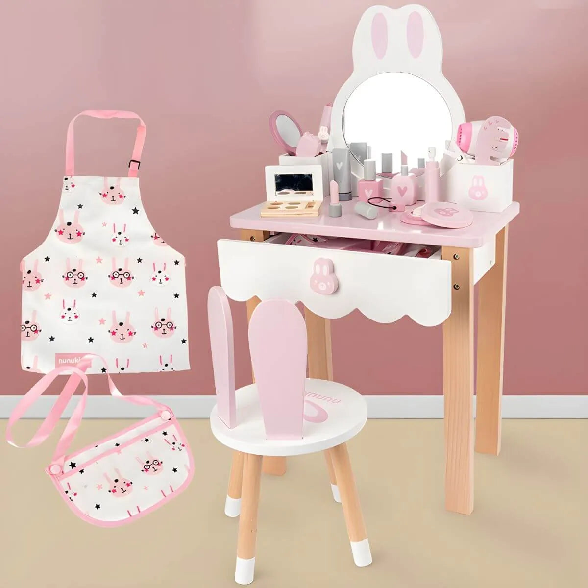 Wooden Kids Vanity Set with Mirror, Drawers & Chair – Pink & White