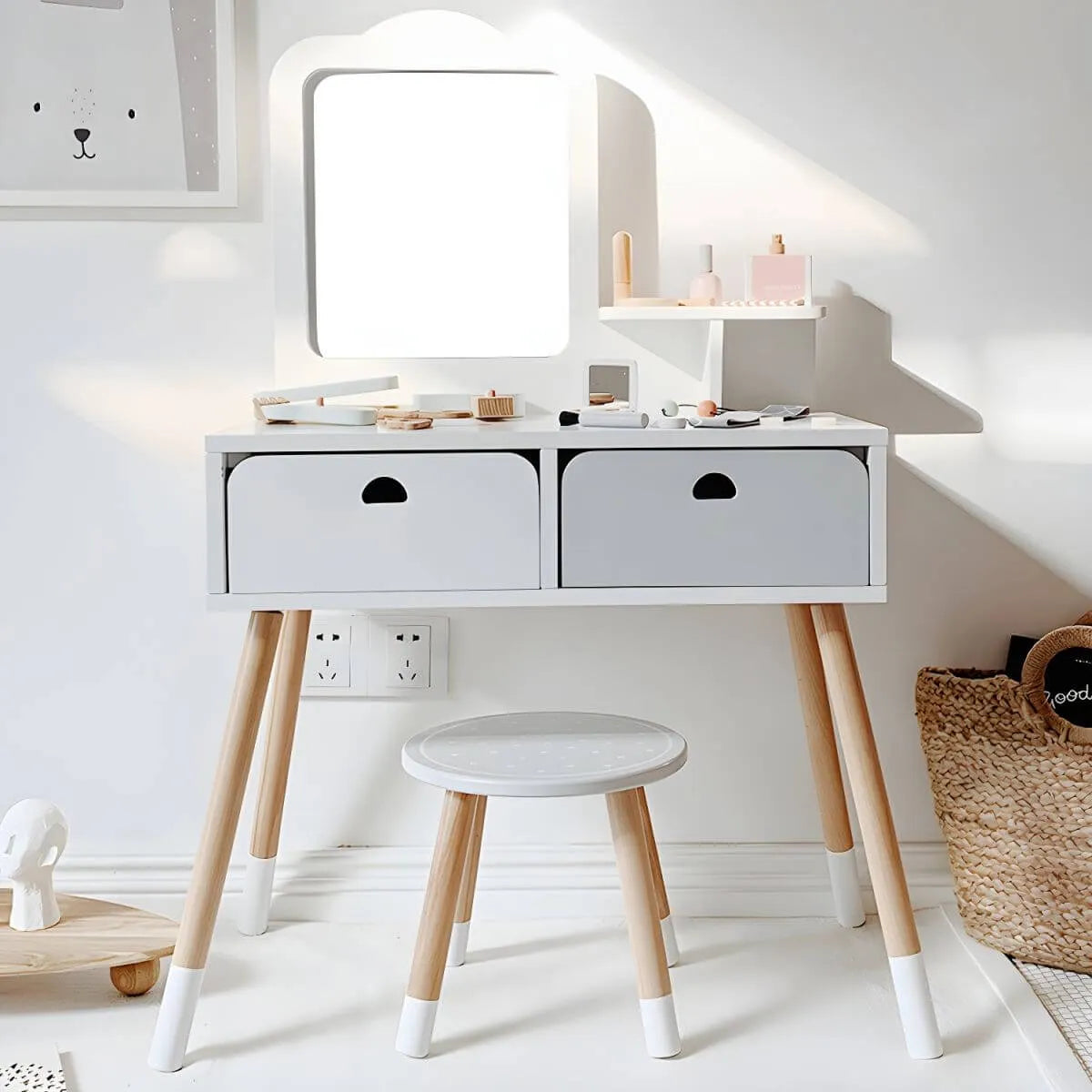 Wooden Kids Vanity Set with Mirror, Drawers & Chair – Pink & White