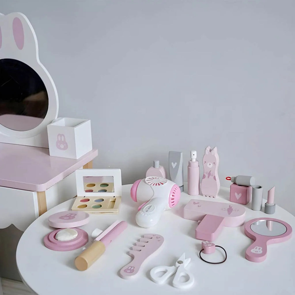 Wooden Kids Vanity Set with Mirror, Drawers & Chair – Pink & White