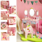 Wooden Kids Vanity Set with Mirror, Drawers & Chair – Pink & White