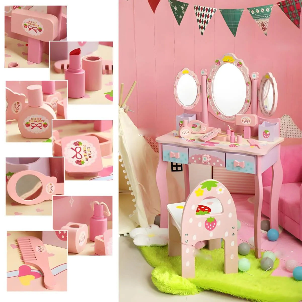 Wooden Kids Vanity Set with Mirror, Drawers & Chair – Pink & White