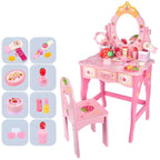 Wooden Kids Vanity Set with Mirror, Drawers & Chair – Pink & White