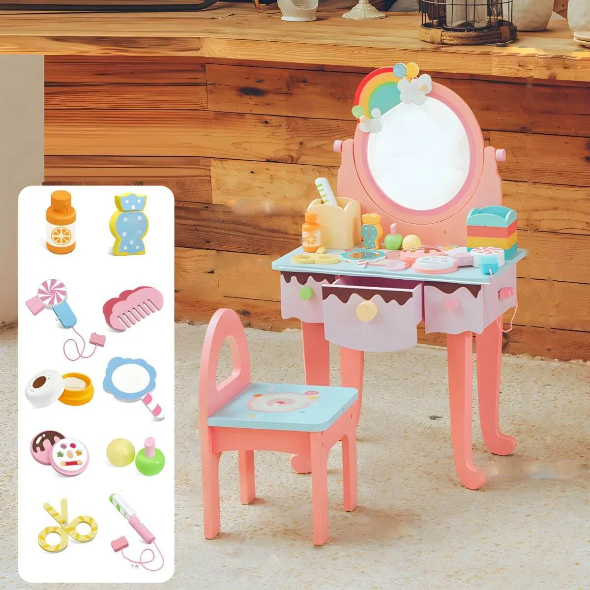 Wooden Kids Vanity Set with Mirror, Drawers & Chair – Pink & White