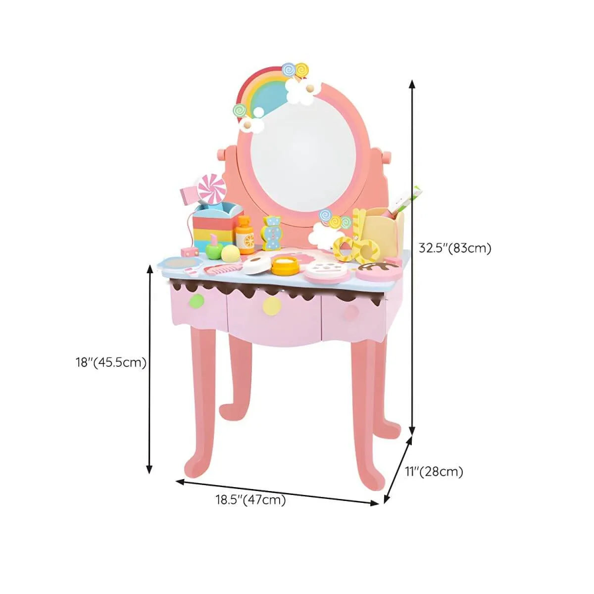 Wooden Kids Vanity Set with Mirror, Drawers & Chair – Pink & White Dimensions