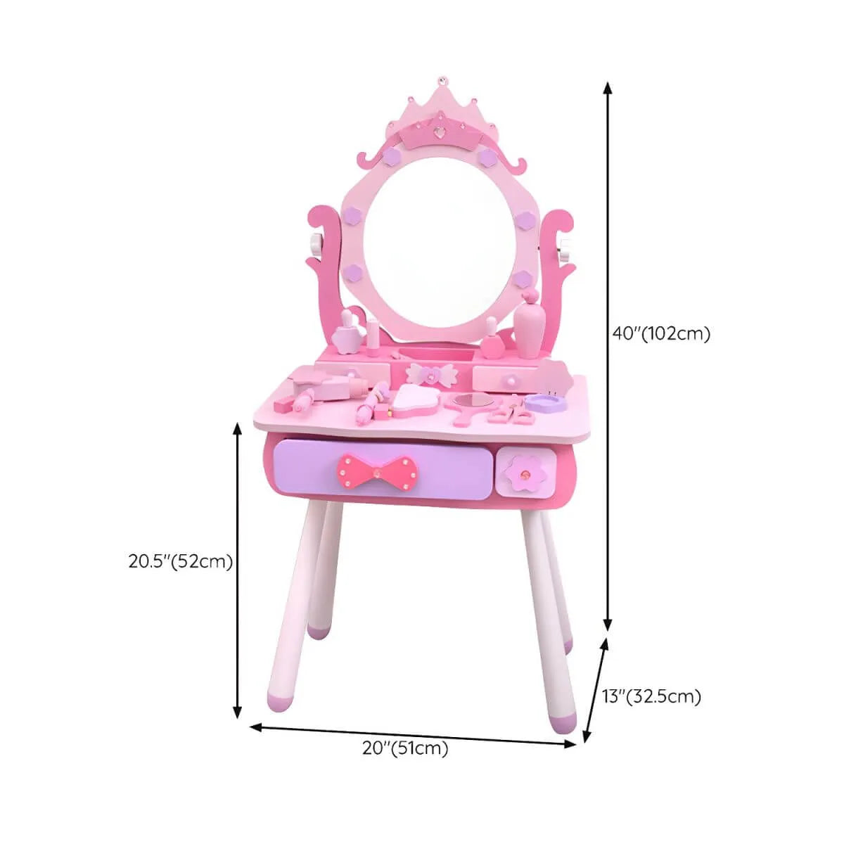 Wooden Kids Vanity Set with Mirror, Drawers & Chair – Pink & White Dimensions