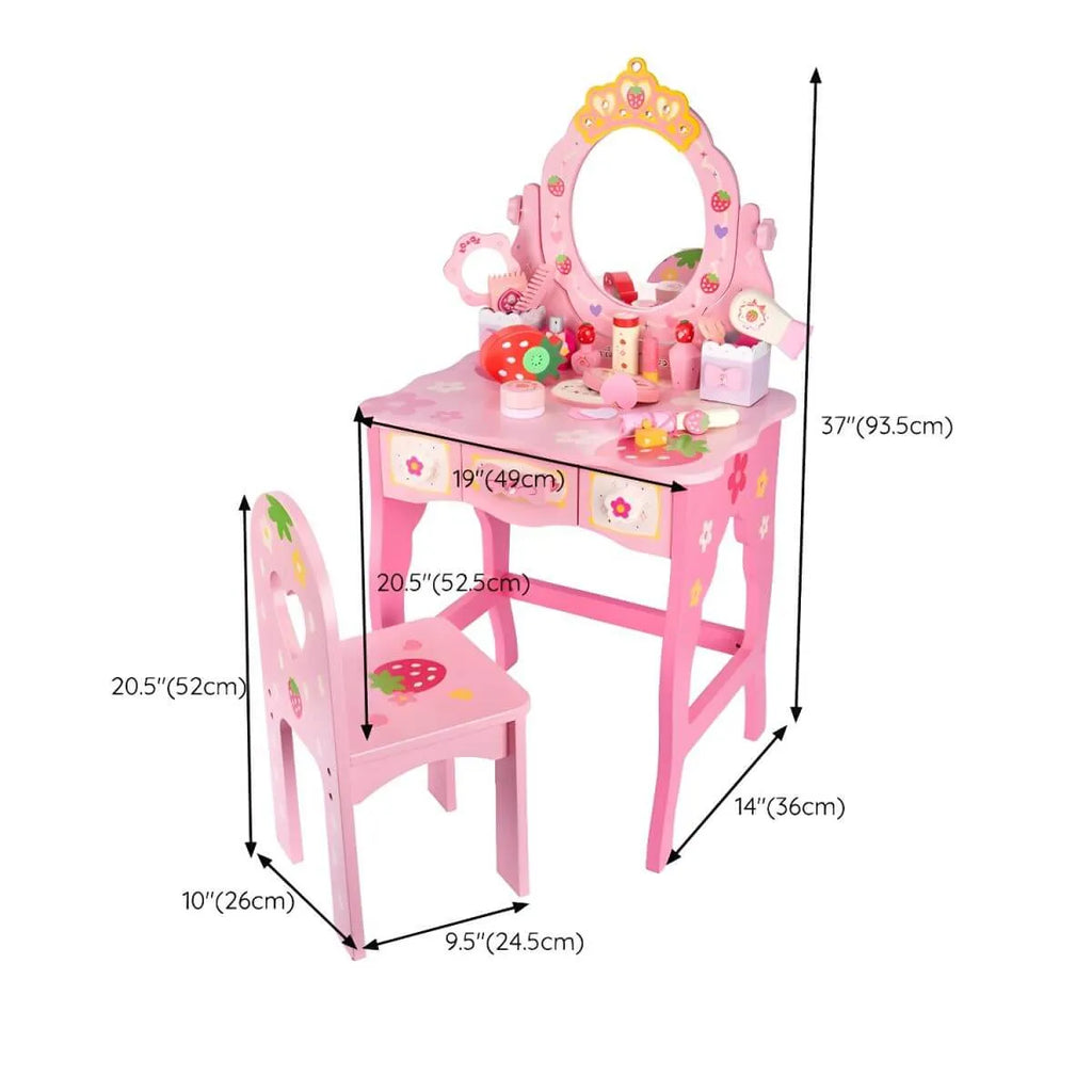 Wooden Kids Vanity Set with Mirror, Drawers & Chair – Pink & White Dimensions