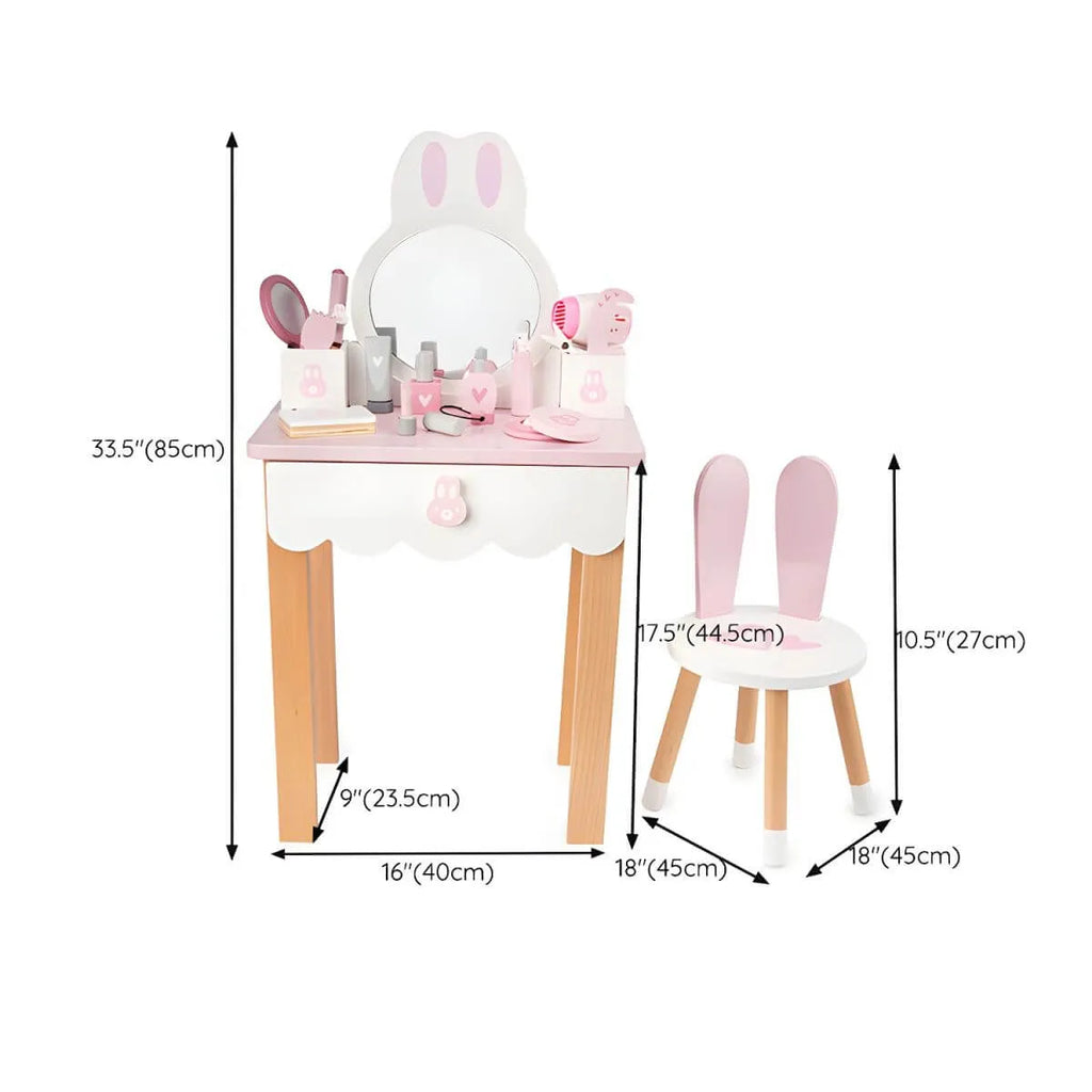 Wooden Kids Vanity Set with Mirror, Drawers & Chair – Pink & White Dimensions