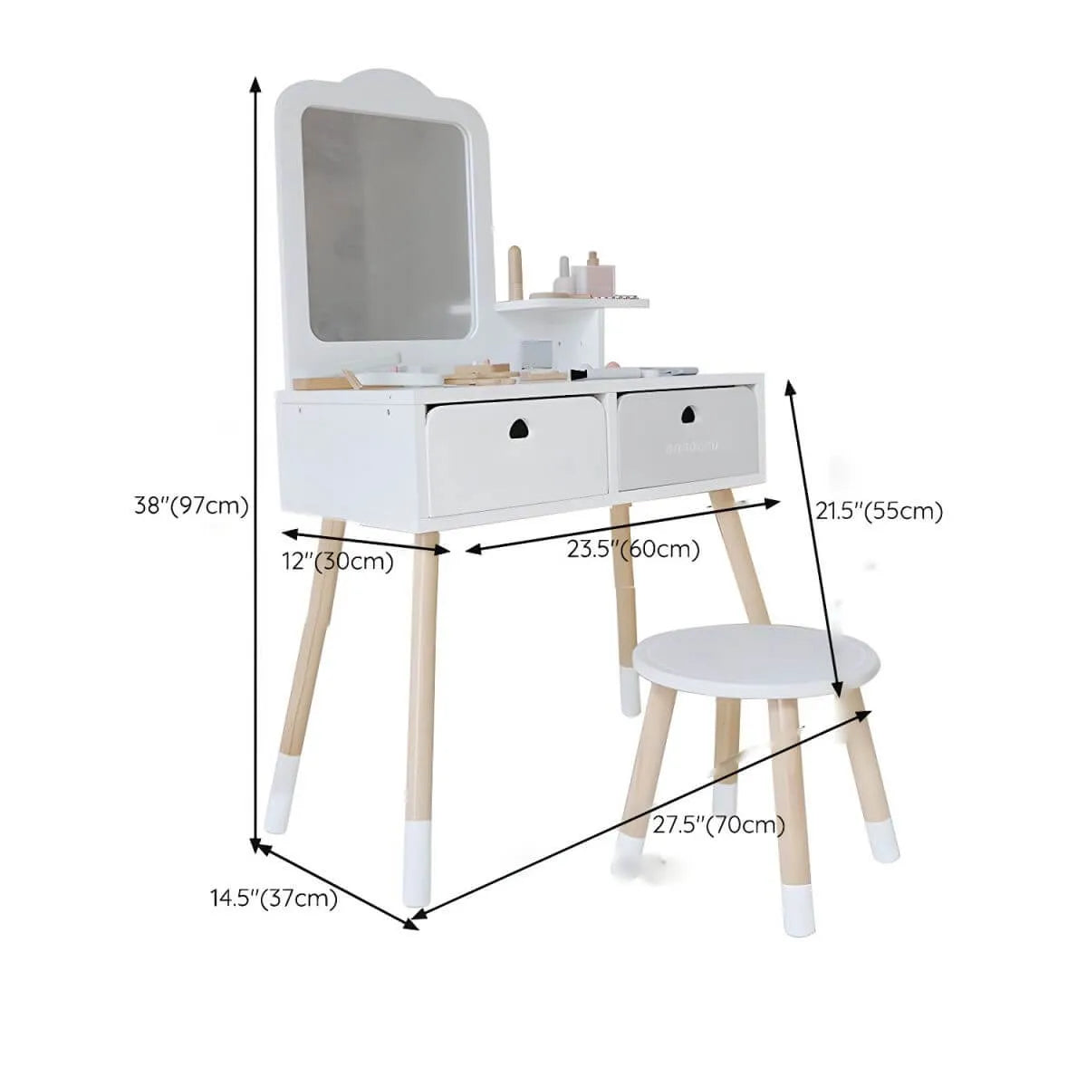 Wooden Kids Vanity Set with Mirror, Drawers & Chair – Pink & White Dimensions