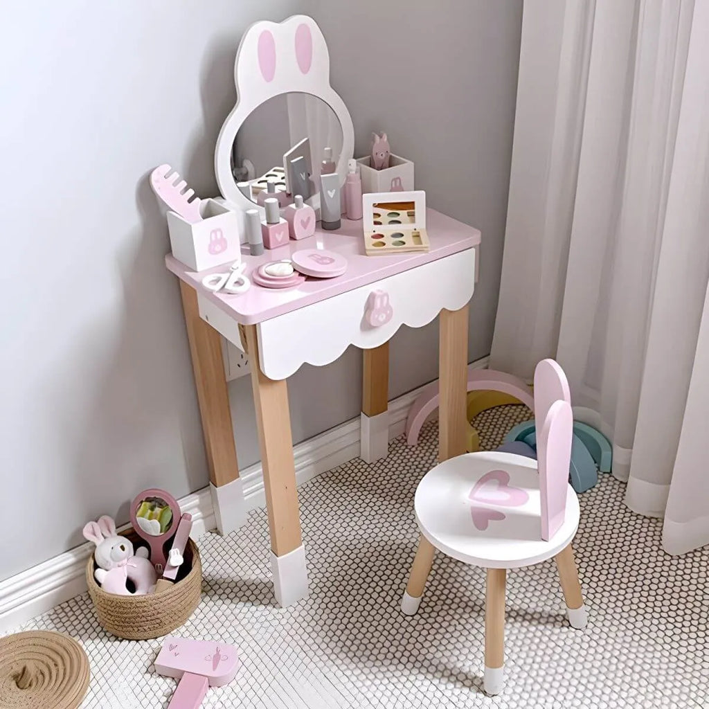 Wooden Kids Vanity Set with Mirror, Drawers & Chair – Pink & White Main Product Image