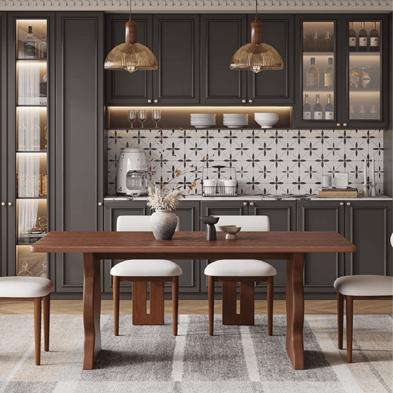 ヴィンテージスタイルのフレンチカーブドレッグを持つ木製長方形ソリッドウッドトップダイニングテーブル サブ画像