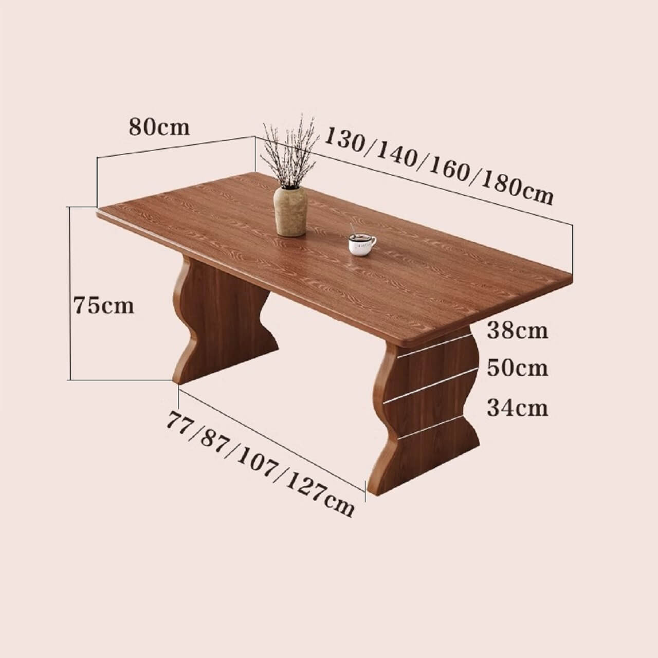 Vintage style wooden dining table with rectangular solid wood top and French curved legs dimensions