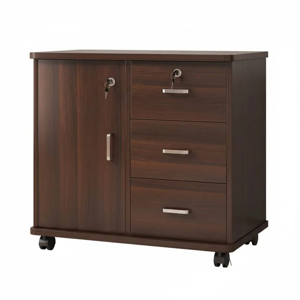 Woodgrain Locking Filing Cabinet With Door, Drawers And Casters
