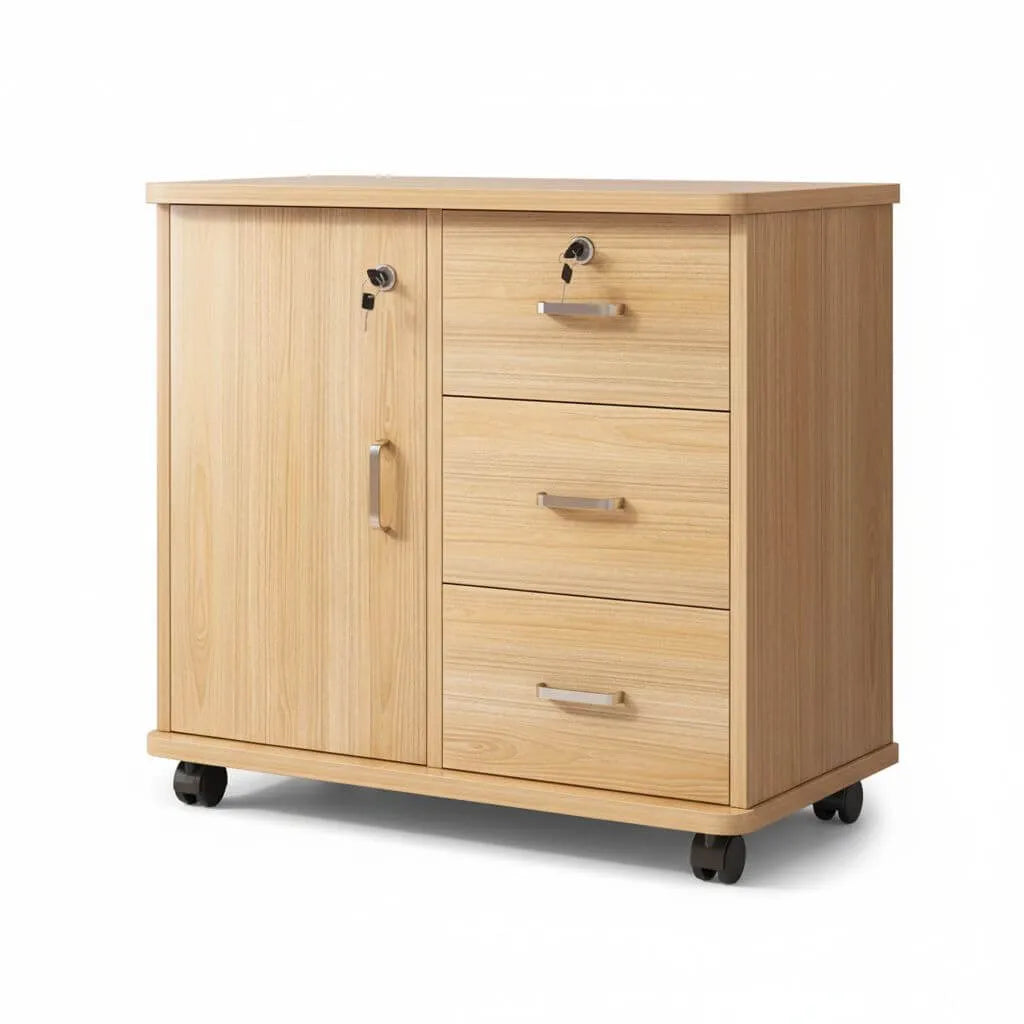 Woodgrain Locking Filing Cabinet With Door, Drawers And Casters