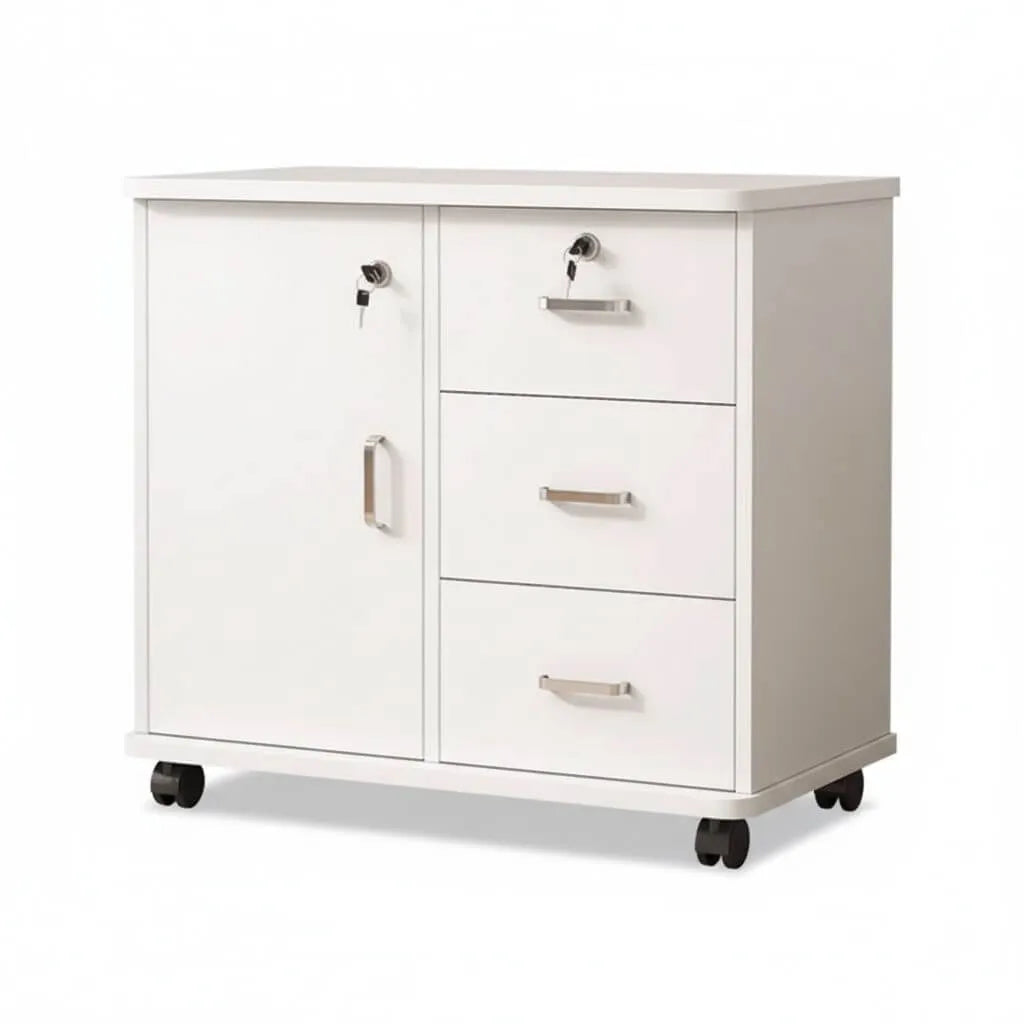 Woodgrain Locking Filing Cabinet With Door, Drawers And Casters