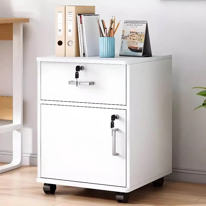 Woodgrain Locking Filing Cabinet With Door, Drawers And Casters
