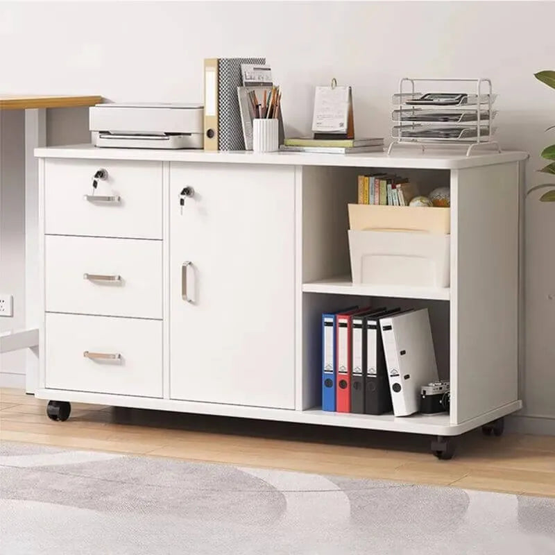 Woodgrain Locking Filing Cabinet With Door, Drawers And Casters