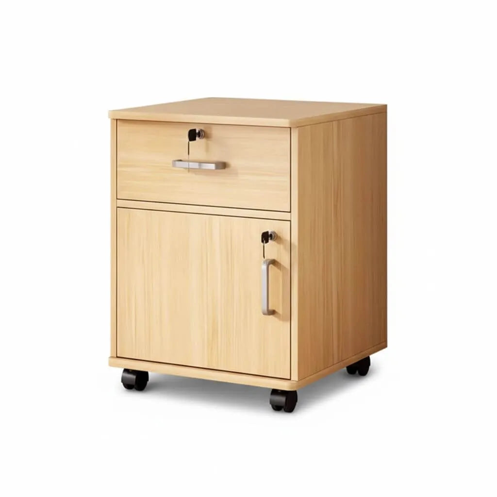 Woodgrain Locking Filing Cabinet With Door, Drawers And Casters