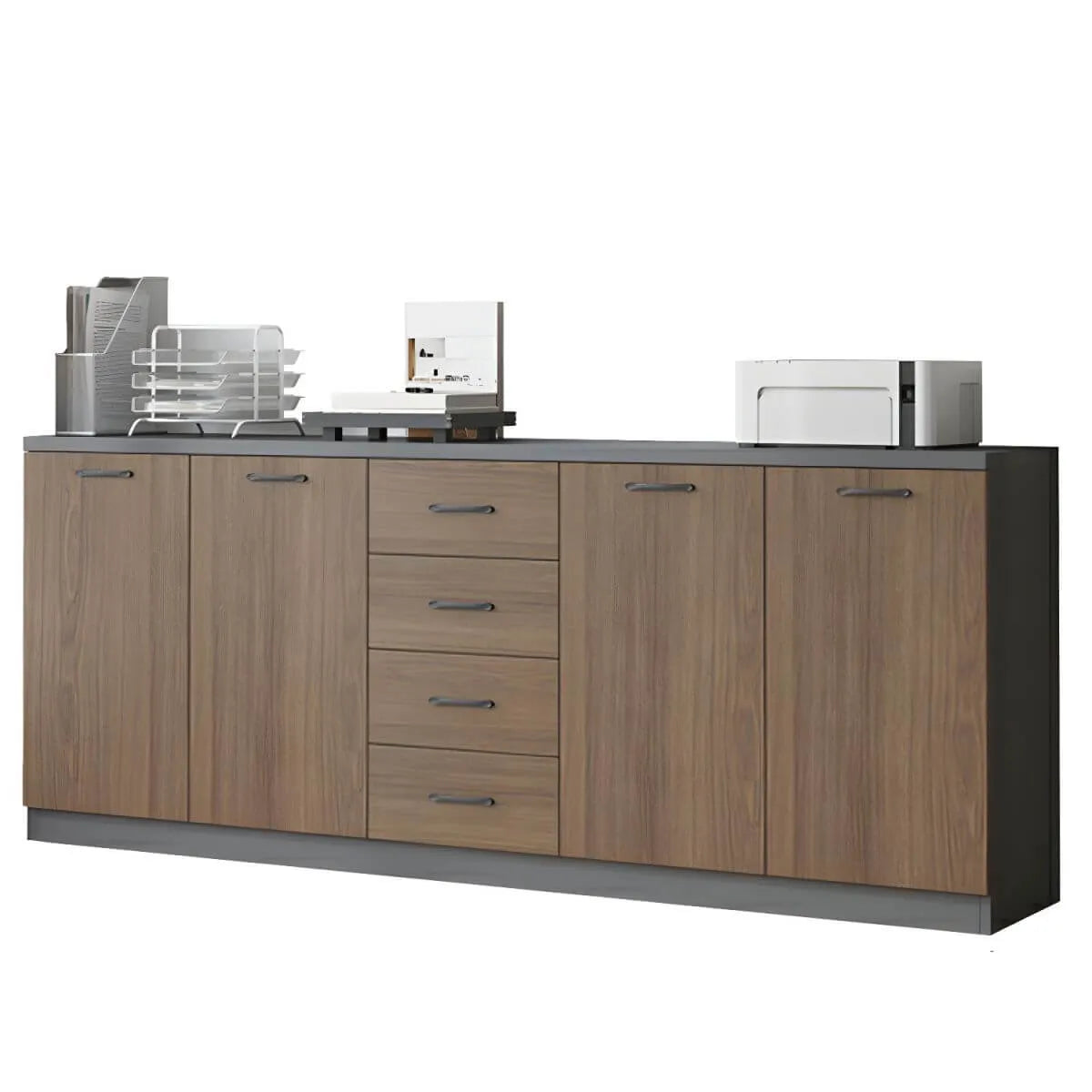 Woodgrain Storage Credenza Filing Cabinet With Drawers And Side Shelves