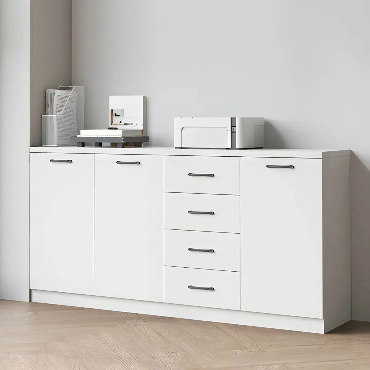 Woodgrain Storage Credenza Filing Cabinet With Drawers And Side Shelves