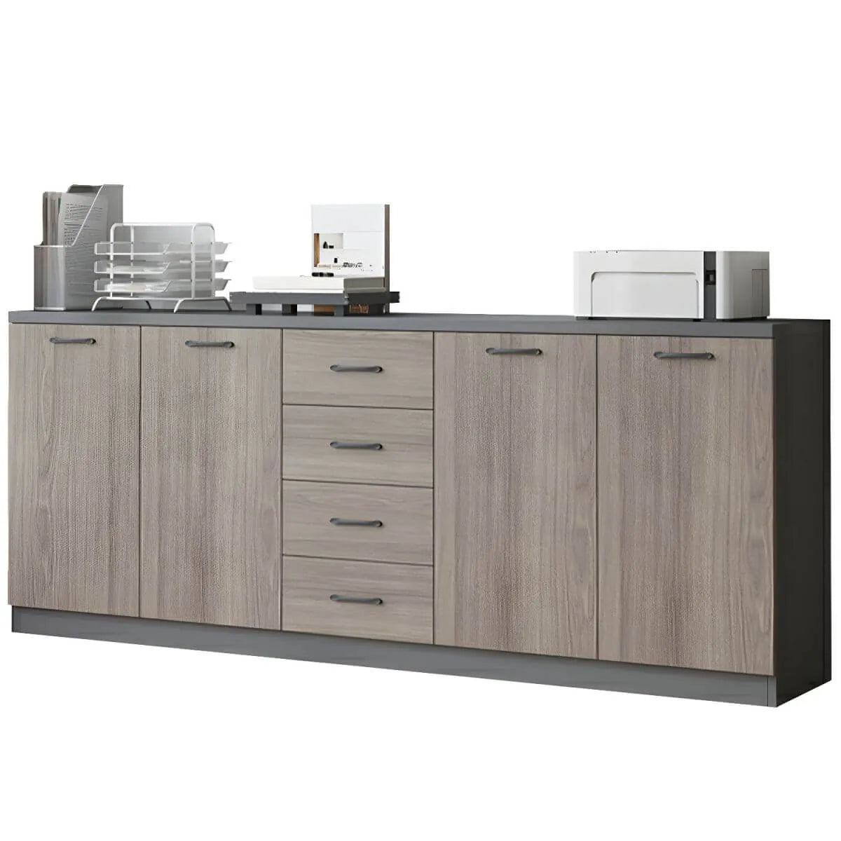 Woodgrain Storage Credenza Filing Cabinet With Drawers And Side Shelves