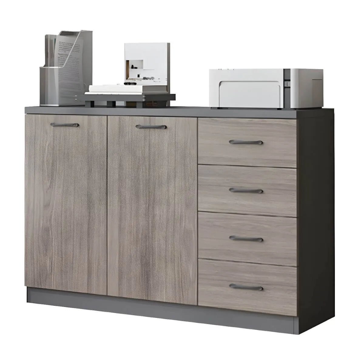 Woodgrain Storage Credenza Filing Cabinet With Drawers And Side Shelves