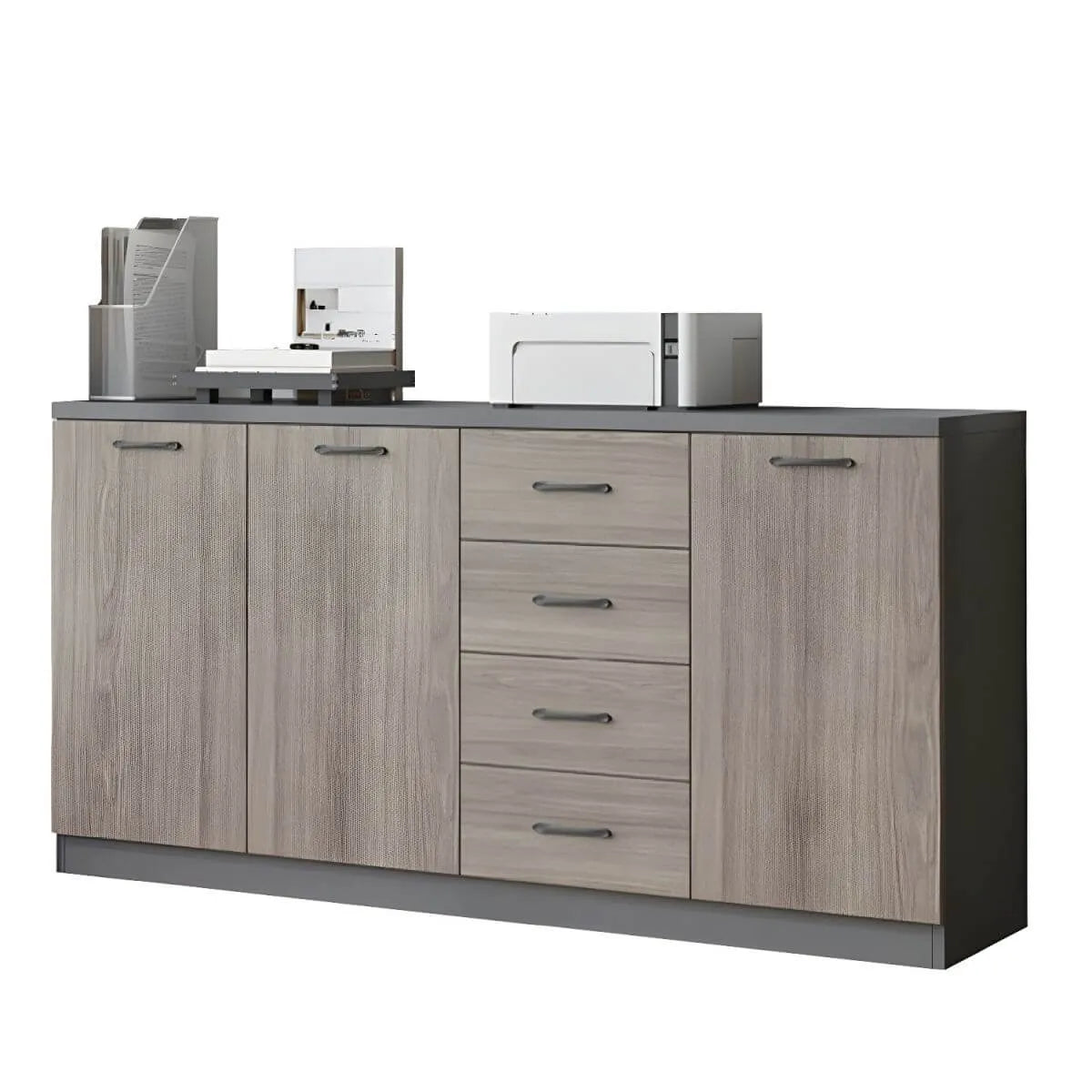 Woodgrain Storage Credenza Filing Cabinet With Drawers And Side Shelves