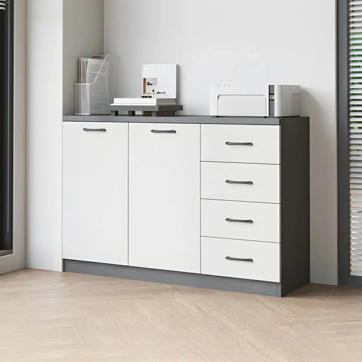 Woodgrain Storage Credenza Filing Cabinet With Drawers And Side Shelves Secondary image