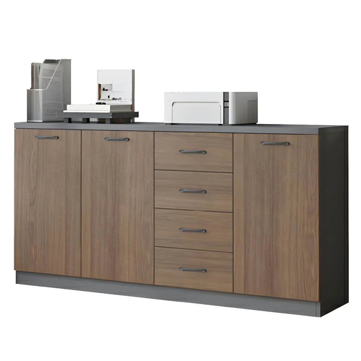 Woodgrain Storage Credenza Filing Cabinet With Drawers And Side Shelves