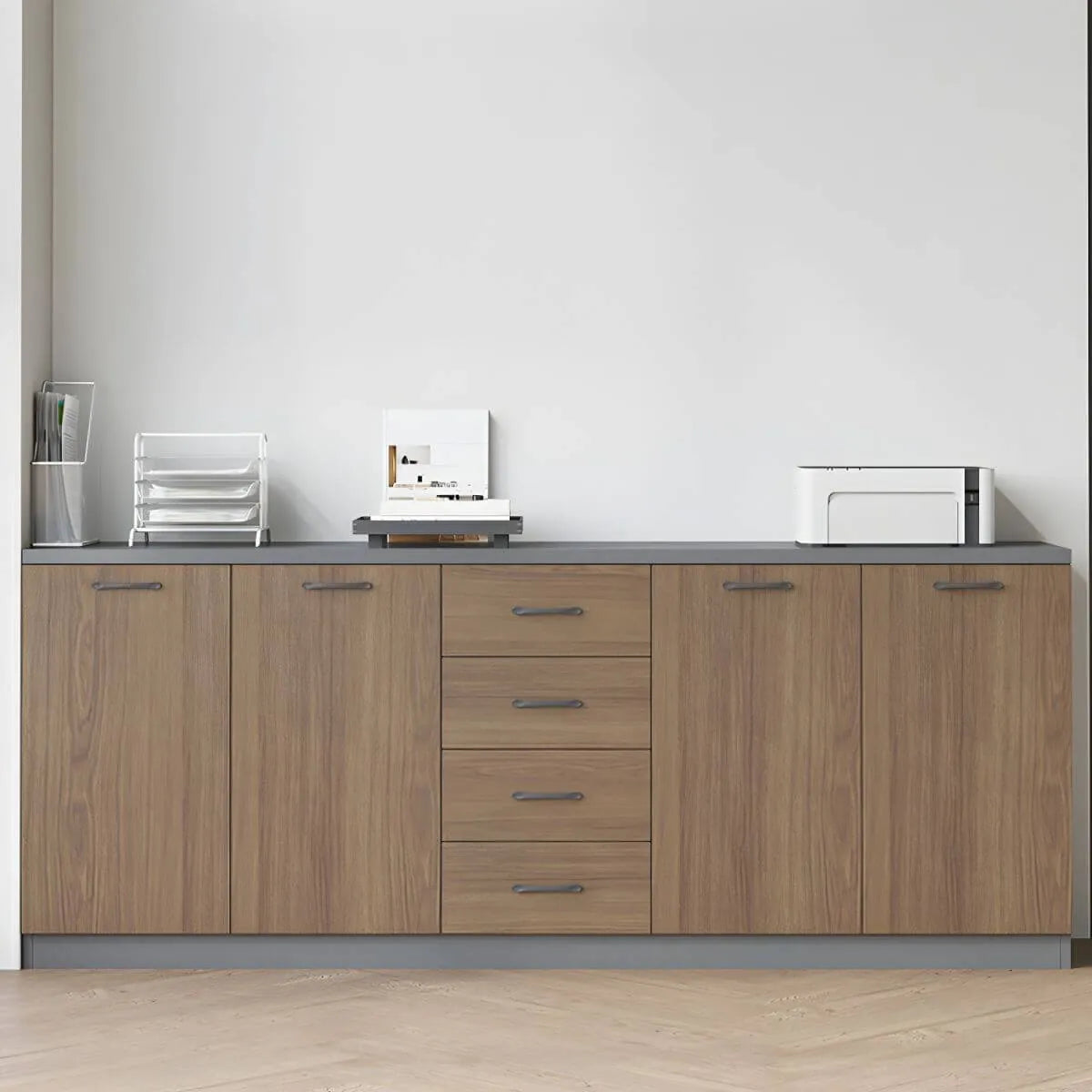 Woodgrain Storage Credenza Filing Cabinet With Drawers And Side Shelves Main Product Image Main image