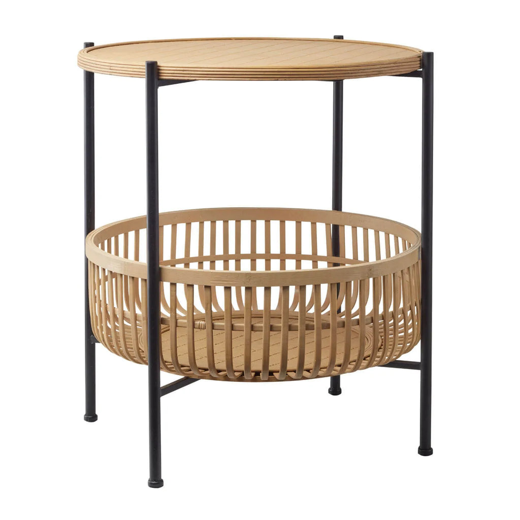 Woven Bamboo Side Table with Metal Frame and Open Storage Basket