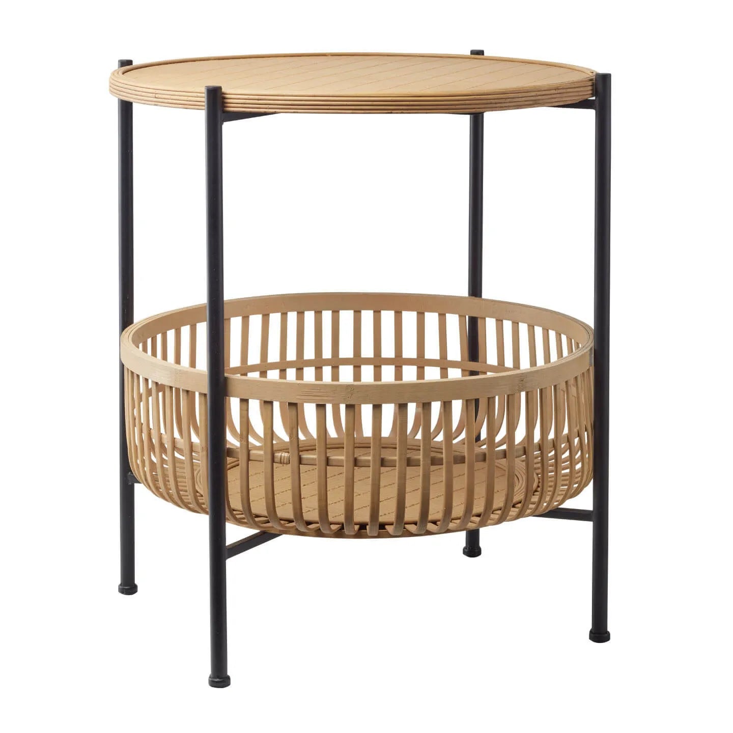 Woven Bamboo Side Table with Metal Frame and Open Storage Basket