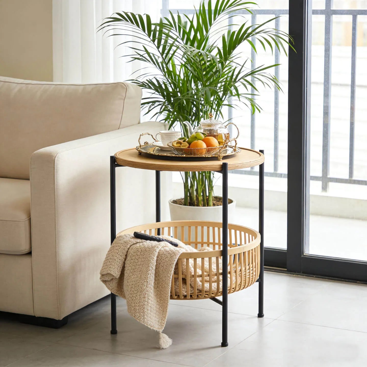 Woven Bamboo Side Table with Metal Frame and Open Storage Basket