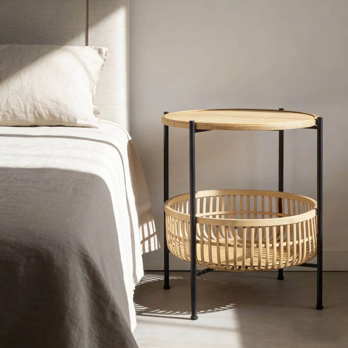 Woven Bamboo Side Table with Metal Frame and Open Storage Basket