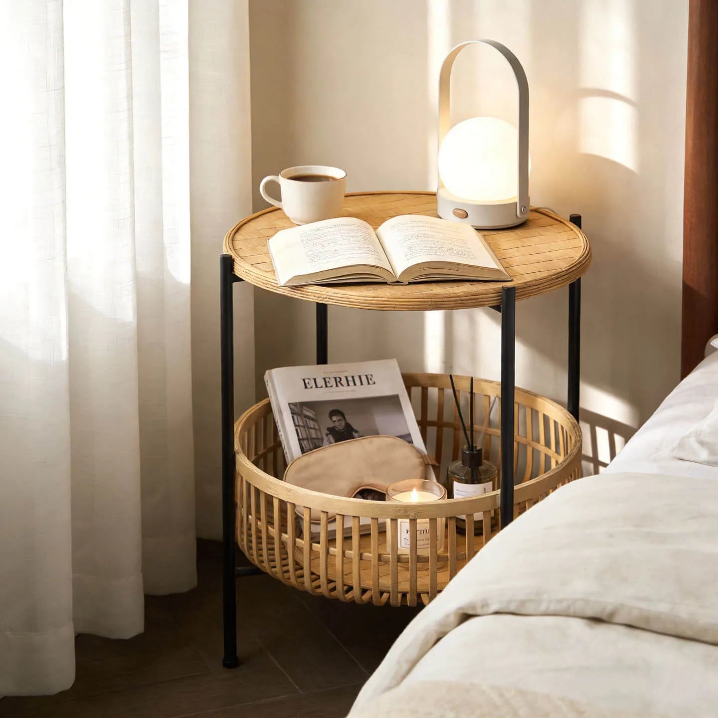 Woven Bamboo Side Table with Metal Frame and Open Storage Basket