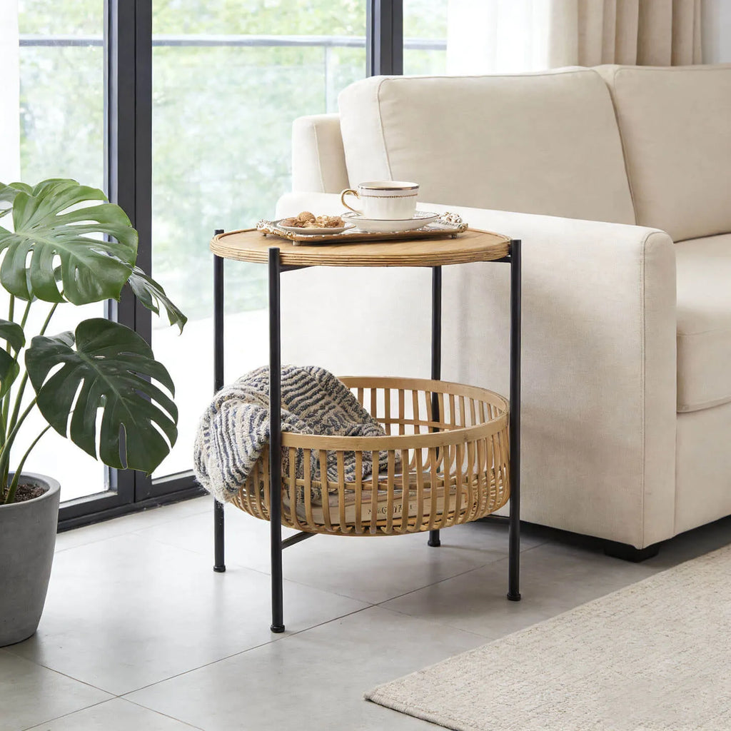 Woven Bamboo Side Table with Metal Frame and Open Storage Basket Main Product Image