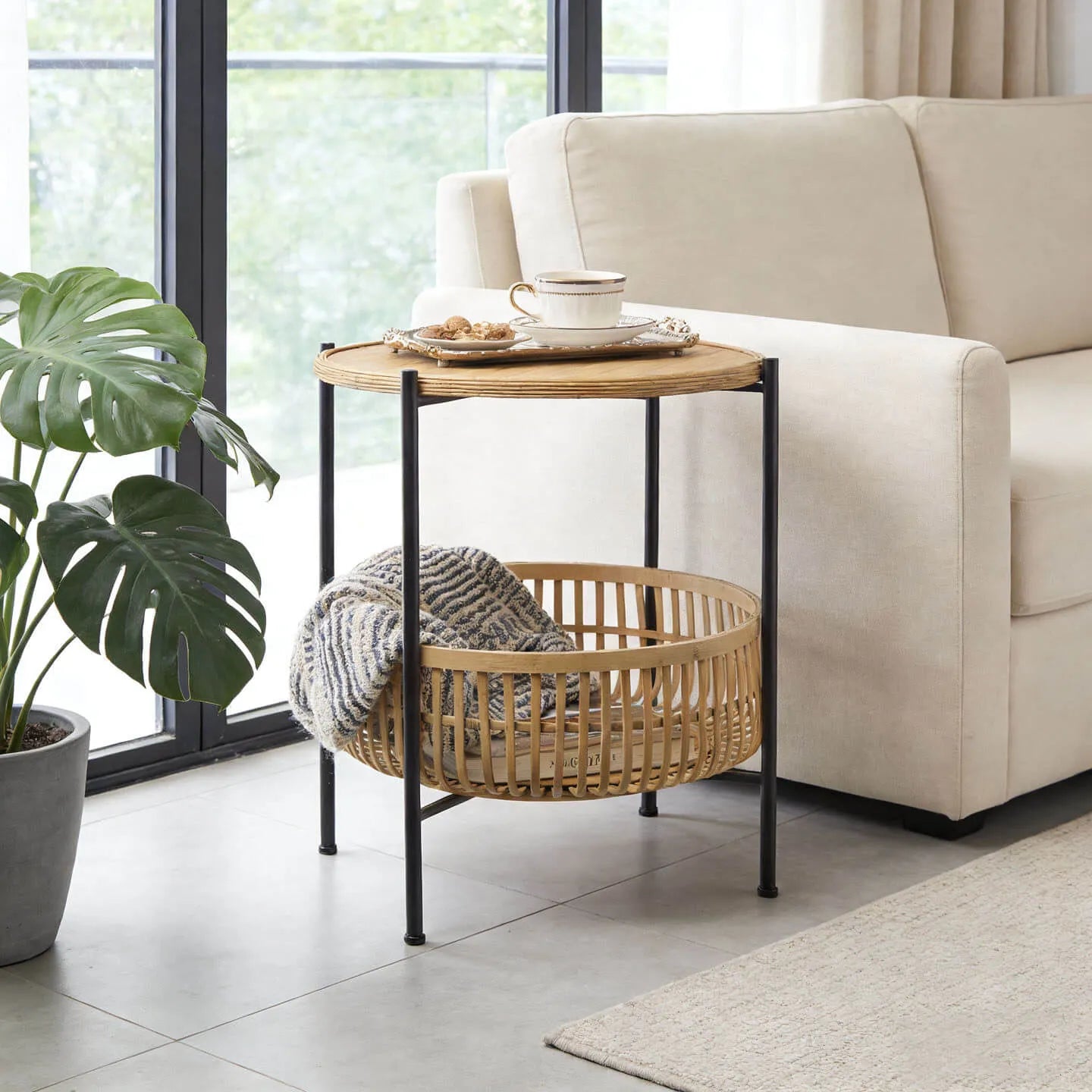 Woven Bamboo Side Table with Metal Frame and Open Storage Basket Main Product Image