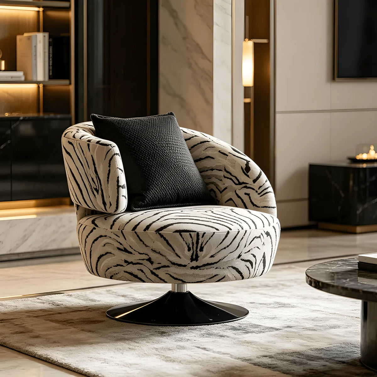 Zebra Jacquard Swivel Lounge Armchair with Sculpted Curved Back
