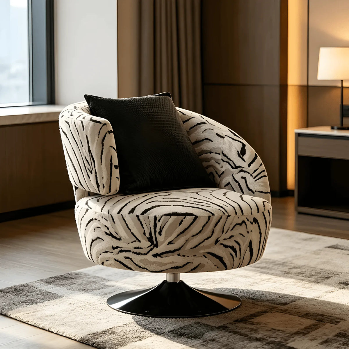Zebra Jacquard Swivel Lounge Armchair with Sculpted Curved Back