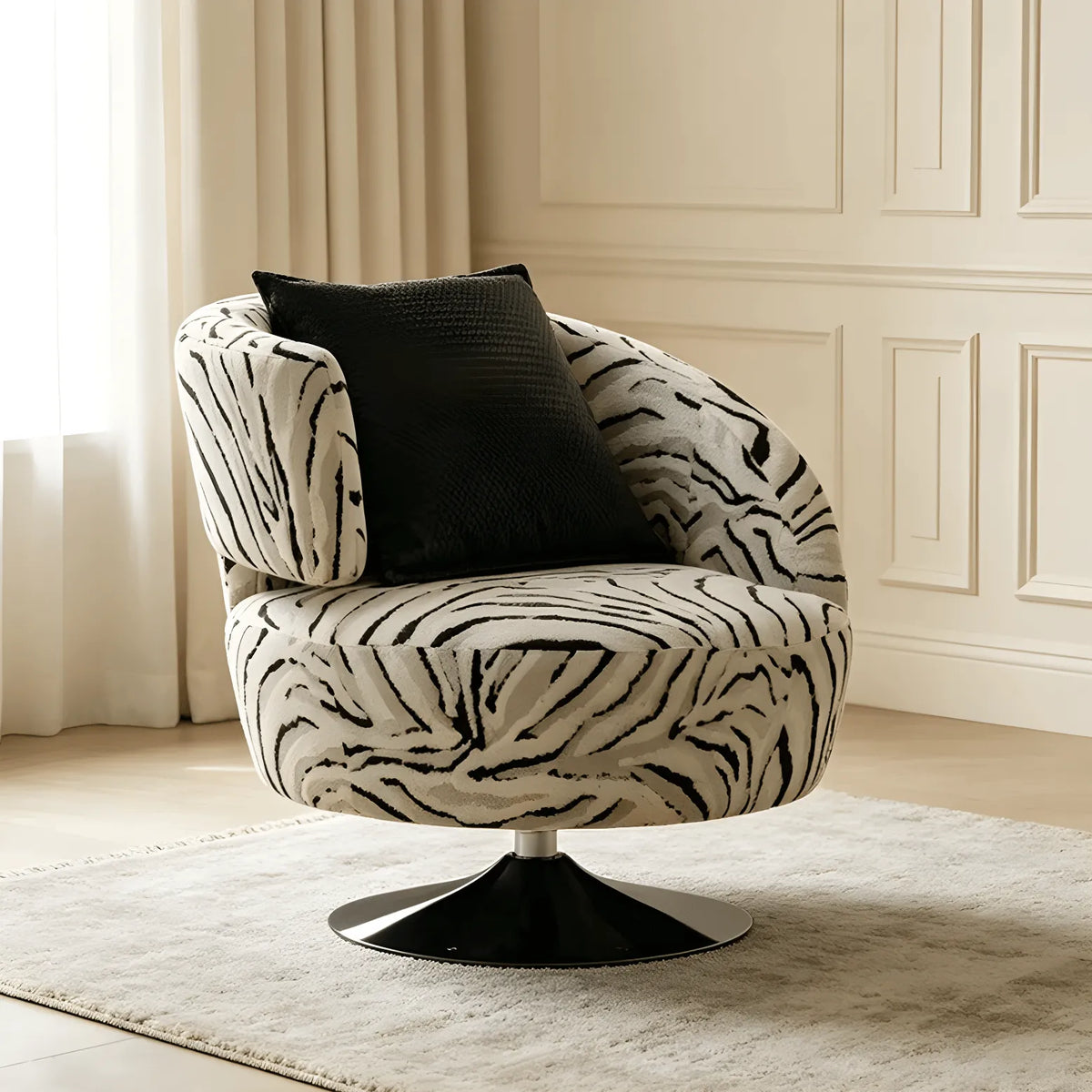 Zebra Jacquard Swivel Lounge Armchair with Sculpted Curved Back