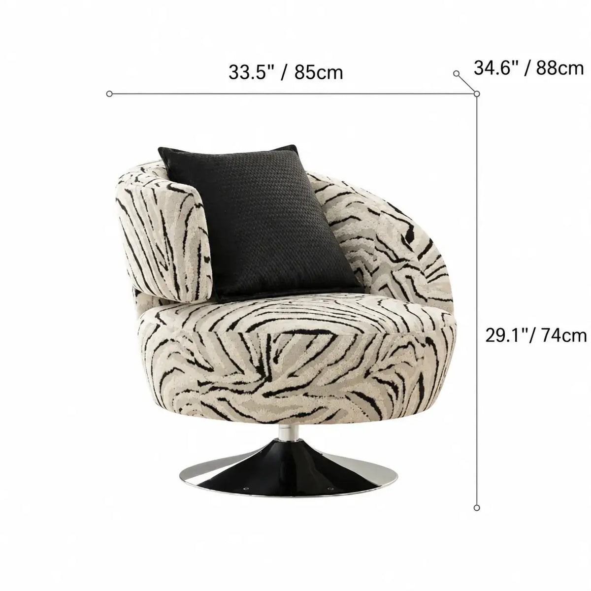 Zebra Jacquard Swivel Lounge Armchair with Sculpted Curved Back Dimensions