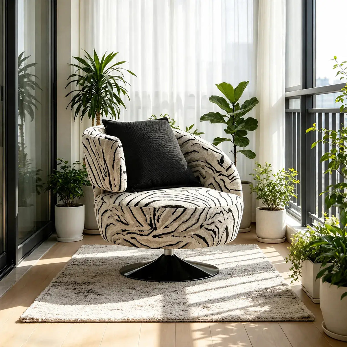Zebra Jacquard Swivel Lounge Armchair with Sculpted Curved Back Main Product Image Main image