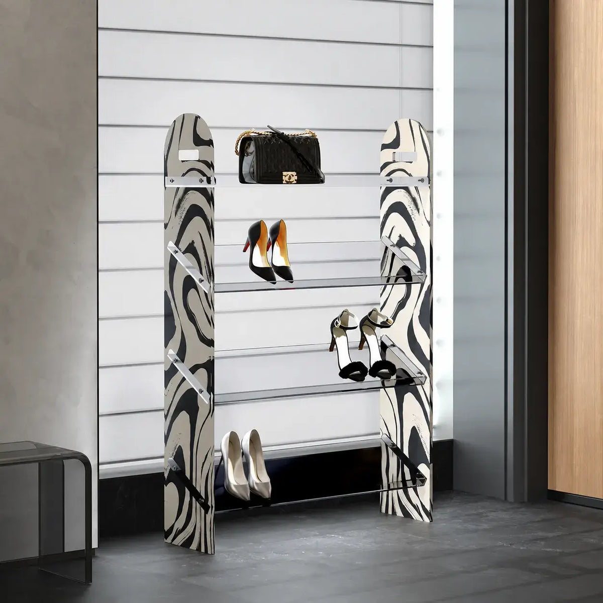 Zebra Print Acrylic Shoe Display Shelf, Slim 4 Tier Entryway Storage