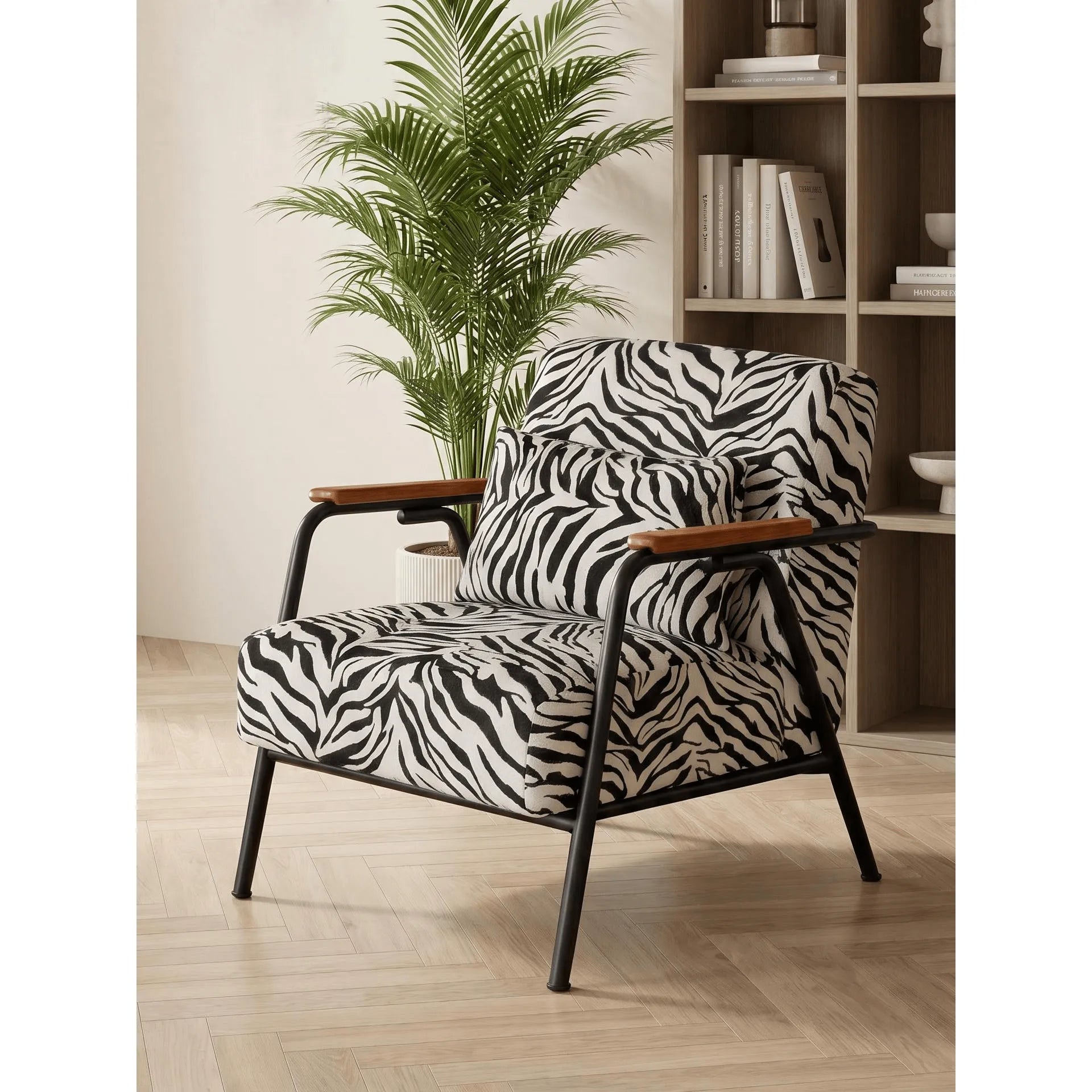 Zebra Print Chair Series with Solid Wood Arms and Matte Black Metal Legs
