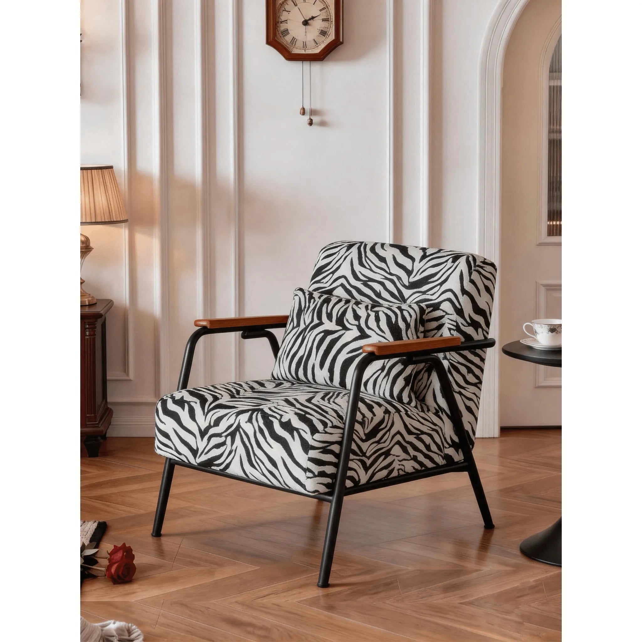 Zebra Print Chair Series with Solid Wood Arms and Matte Black Metal Legs