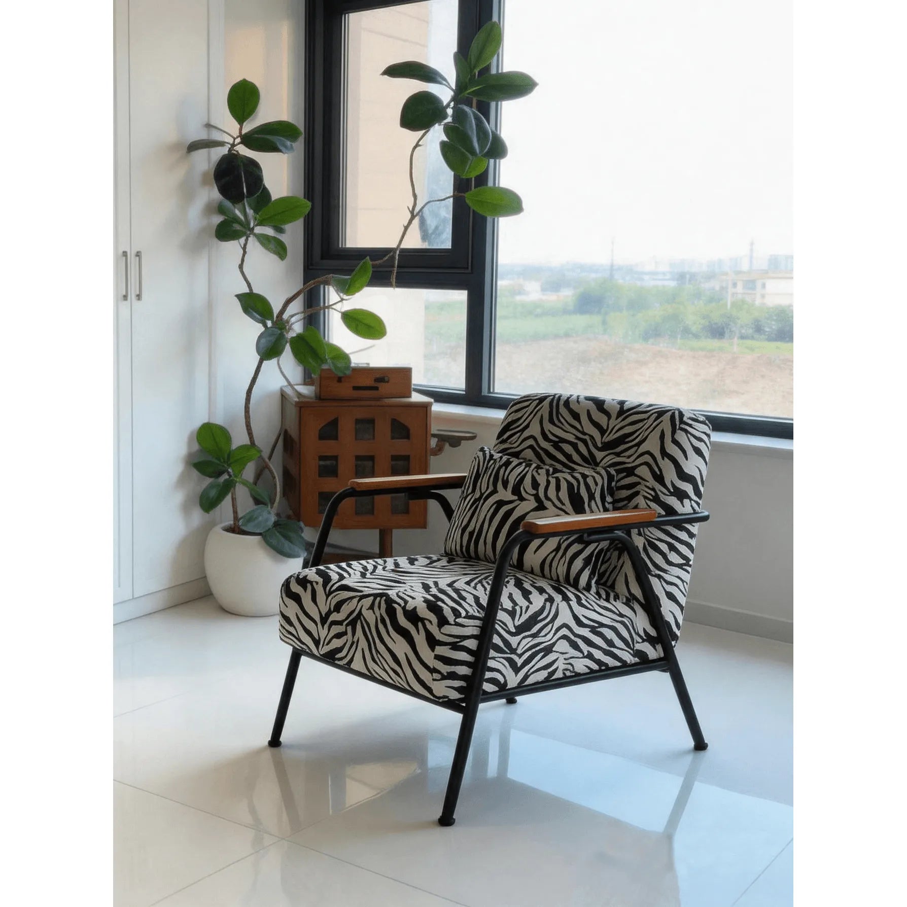 Zebra Print Chair Series with Solid Wood Arms and Matte Black Metal Legs
