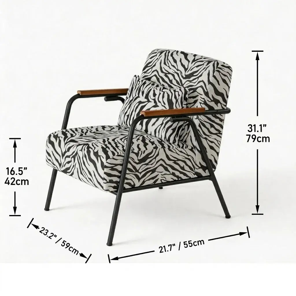 Zebra Print Chair Series with Solid Wood Arms and Matte Black Metal Legs Dimensions