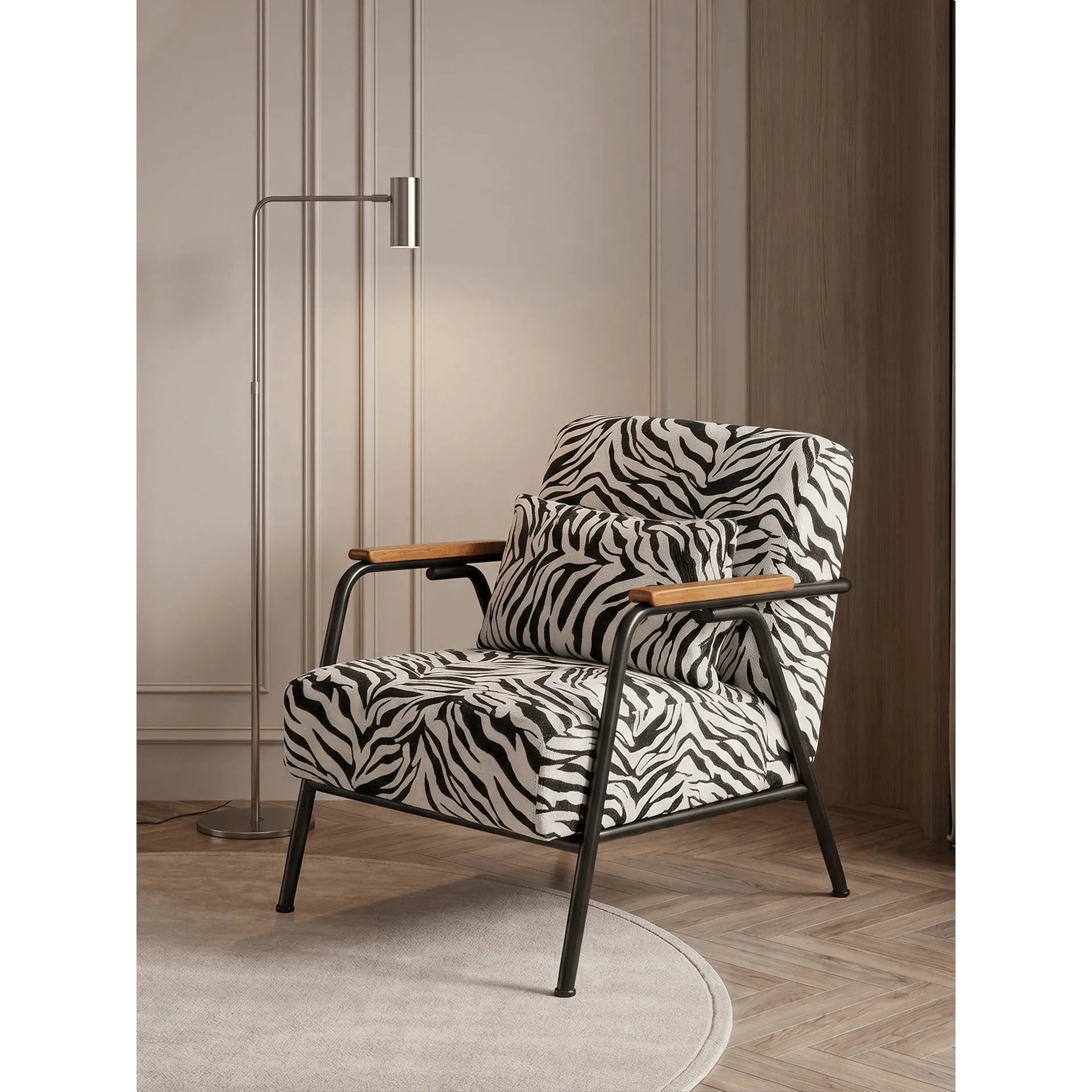 Zebra Print Chair Series with Solid Wood Arms and Matte Black Metal Legs Main Product Image Hauptbild