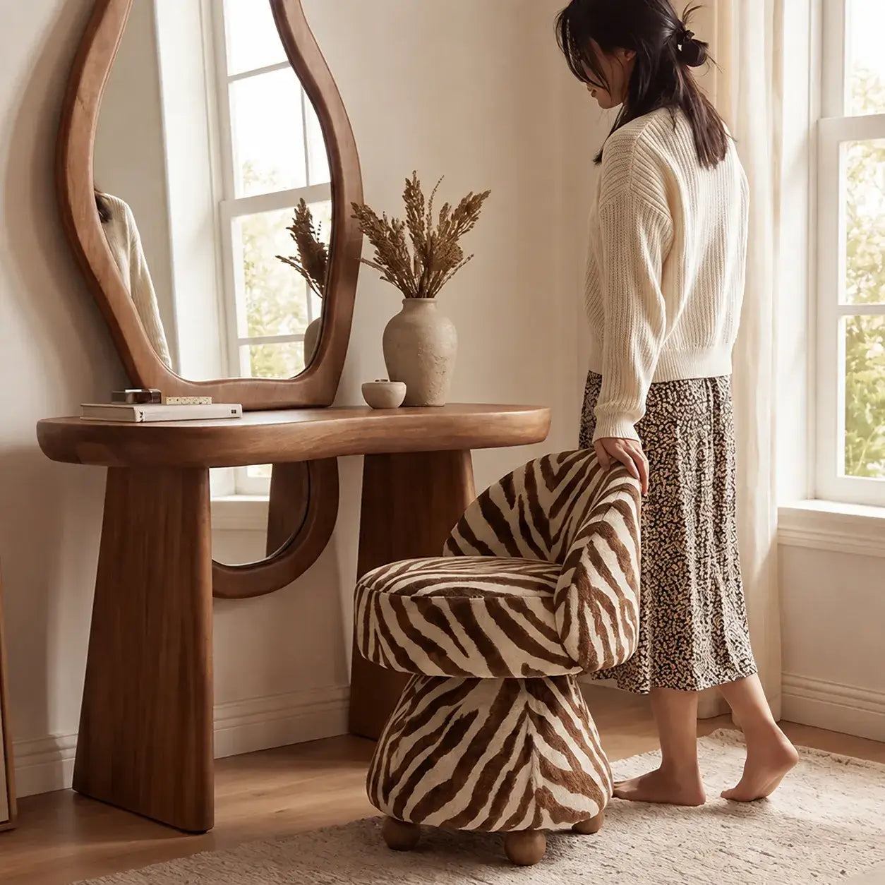 Zebra Print Jacquard Swivel Vanity Stool With Sculpted Barrel Back